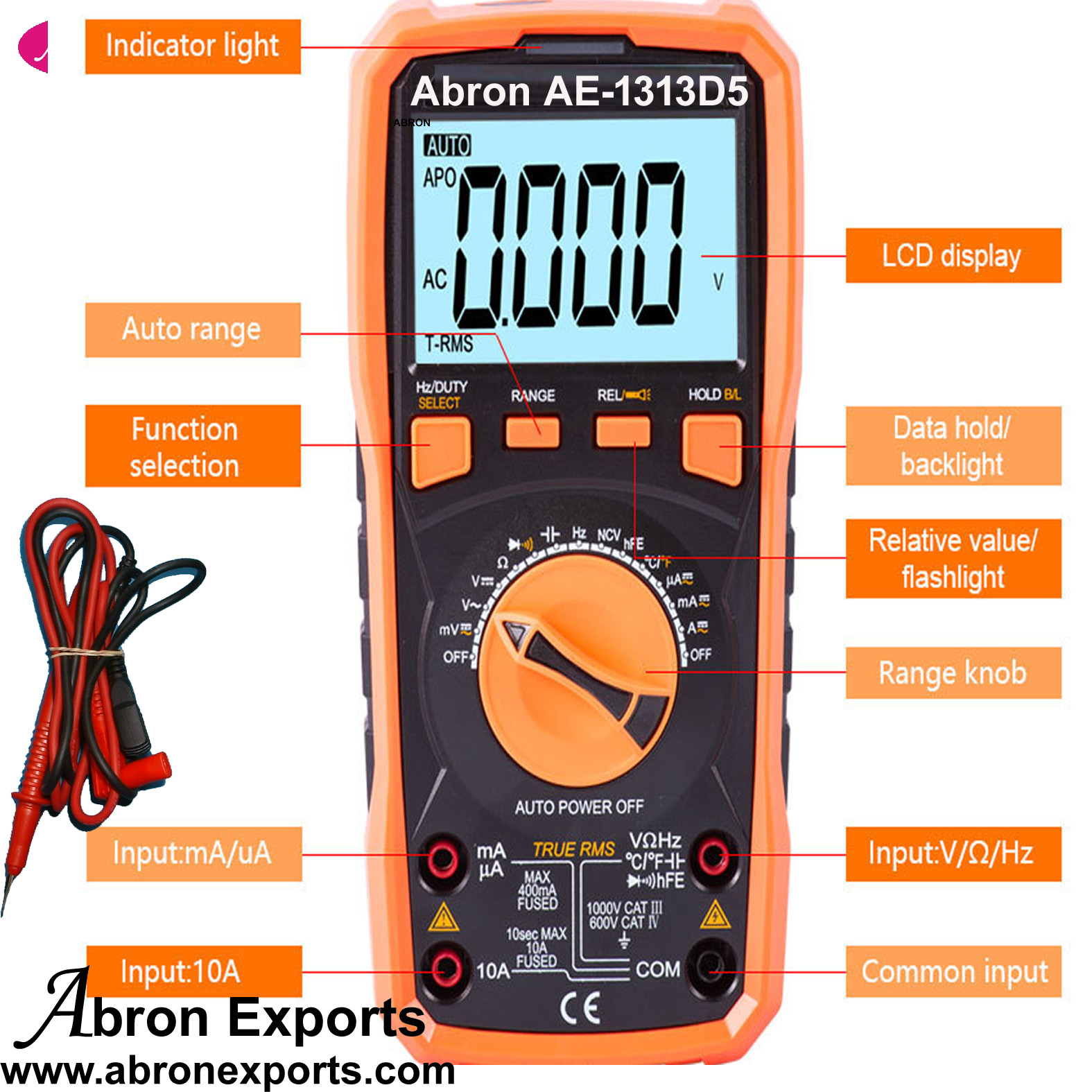 Multimeter 4.5 Digital ACDC Volt Current Resistance Capacitance Hold Temp CF Diode Beep TRMS Abron AE-1313D5 